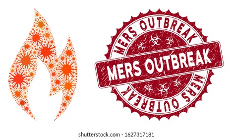 Coronavirus collage fire flame icon and rounded rubber stamp seal with Mers Outbreak text. Mosaic vector is formed with fire flame icon and with random contagion symbols.