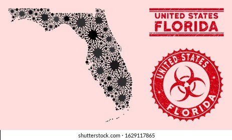 Coronavirus collage Florida map and red grunge stamp seals with biohazard sign. Florida map collage composed with scattered microbe elements. Red rounded outbreak danger seal stamp,