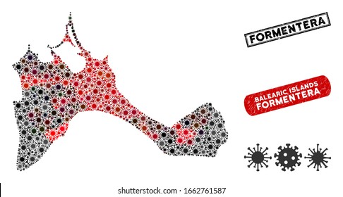 Coronavirus collage de mapas de la isla Formentera y sellos corroídos. Collage de mapas de la isla Formentera diseñado con iconos contagiosos rojos y negros aleatorizados. Sellos de retén de rectángulo, con textura de socorro.