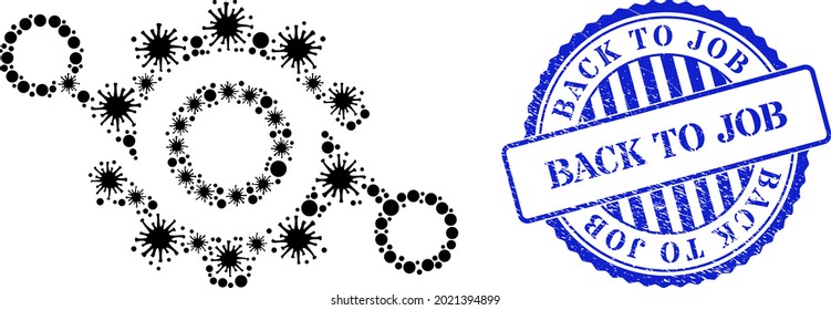 Icono del proyecto de engranaje de collage de Coronavirus y timbre de retorno a JOB. Collage del proyecto de engranaje para plantillas médicas y impresión de sello azul redondeada texturada.