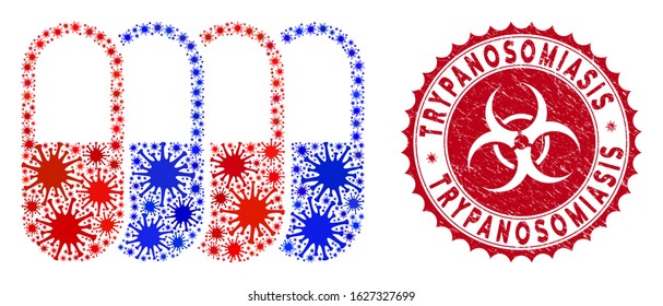 Coronavirus collage generic pharma icon and round distressed stamp watermark with Trypanosomiasis caption. Mosaic vector is composed with generic pharma icon and with randomized microorganism objects.