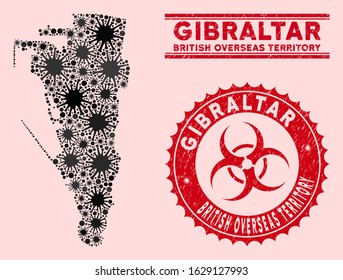 Coronavirus collage Gibraltar map and red corroded stamp watermarks with biohazard symbol. Gibraltar map collage formed with scattered pandemic items. Red round outbreak danger stamp,