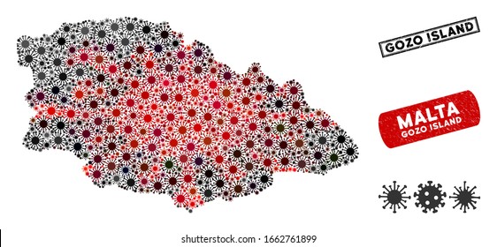 Coronavirus collage Gozo Island map and corroded stamp watermarks. Gozo Island map collage composed with randomized red and black bacterium icons. Rectangle watermarks, with distress texture.