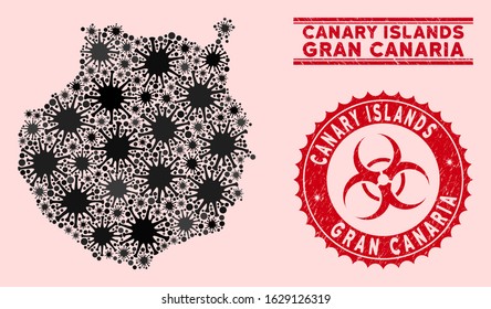 Coronavirus collage Gran Canaria map and red grunge stamp seals with biohazard sign. Gran Canaria map collage created with random contagious items. Red round outbreak danger stamp,