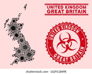 Coronavirus collage Great Britain map and red distressed stamp watermarks with biohazard sign. Great Britain map collage designed with scattered epidemic symbols. Red rounded outbreak danger stamp,