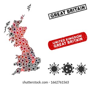 Coronavirus Collage Großbritannien Karte und bedrückte Stempel Wasserzeichen. Große britische Kartenkollektion, die mit zufälligen infizierten roten und schwarzen Gegenständen konstruiert wurde. Verdichtungsstempeln für die Rechtecke, mit schmutziger Textur.