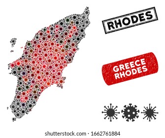 Coronavirus collage Greek Rhodes Island map and grunge stamp seals. Greek Rhodes Island map collage formed with randomized red and black pathogen elements. Rectangle watermarks, with dirty texture.