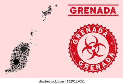 Coronavirus collage Grenada map and red rubber stamp watermarks with biohazard sign. Grenada map collage created with randomized bacillus items. Red rounded outbreak danger seal stamp,
