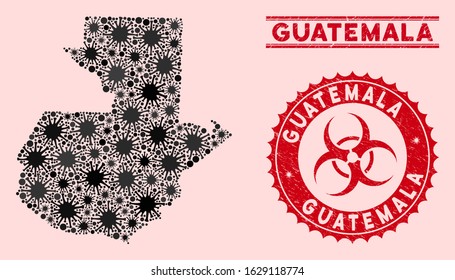 Coronavirus collage Guatemala map and red grunge stamp seals with biohazard sign. Guatemala map collage composed with randomized bacteria icons. Red rounded outbreak danger seal stamp,