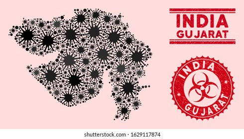 Coronavirus collage Gujarat State map and red grunge stamp seals with biohazard symbol. Gujarat State map collage designed with random bacillus items. Red rounded outbreak danger stamp,