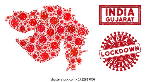 Coronavirus Collage Gujarat State Map And Rubber Prints. Red Rounded Lockdown Distress Seal Stamp. Vector Coronavirus Pathogen Icons Are Combined Into Collage Gujarat State Map.