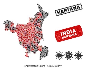 Coronavirus collage de mapas del estado de Haryana y sellos de caucho marcas de agua. Collage de mapas del estado de Haryana formado con iconos infectados rojos y negros aleatorizados. Sellos de sello Rectangle, con textura rayada.
