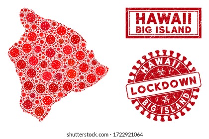 Coronavirus collage Hawaii Big Island map and rubber prints. Red rounded lockdown textured watermark. Vector coronavirus pathogen items are composed into mosaic Hawaii Big Island map.