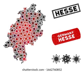 Coronavirus Collage Hesse Land Karte und korrodierte Stempelrobben. Hesse Land Karte Collage mit randomisierten roten und schwarzen Mikroben. Verdichtungen im Rechteck mit schmutziger Textur.