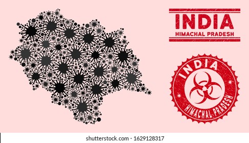 Coronavirus collage Himachal Pradesh State map and red rubber stamp seals with biohazard sign. Himachal Pradesh State map collage created with scattered infectious elements.