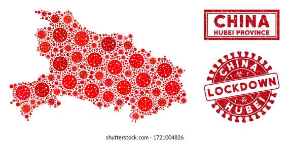 Coronavirus collage Hubei Province map and rubber prints. Red round lockdown distress seal stamp. Vector coronavirus viral items are composed into collage Hubei Province map.