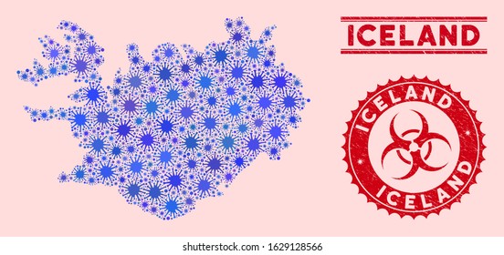 Coronavirus collage Iceland map and red distressed stamp watermarks with biohazard symbol. Iceland map collage designed with random pandemic symbols. Red rounded outbreak danger seal stamp,