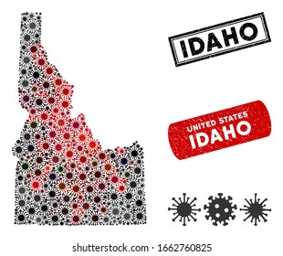 Coronavirus collage Idaho State map and rubber stamp seals. Idaho State map collage designed with randomized red and black microbe cell items. Rectangle seals, with unclean texture.