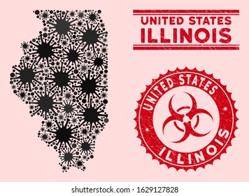 Coronavirus collage Illinois State map and red grunge stamp watermarks with biohazard symbol. Illinois State map collage composed with randomized microbe icons. Red round outbreak danger seal stamp,