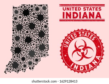 Coronavirus collage Indiana State map and red distressed stamp seals with biohazard symbol. Indiana State map collage constructed with random sars items. Red rounded outbreak danger seal stamp,