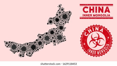 Coronavirus collage Inner Mongolia map and red rubber stamp watermarks with biohazard sign. Inner Mongolia map collage created with scattered bacterium symbols. Red round outbreak danger stamp,