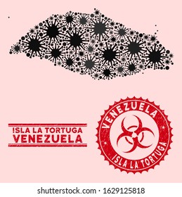Coronavirus collage Isla La Tortuga map and red grunge stamp seals with biohazard symbol. Isla La Tortuga map collage designed with randomized epidemic icons. Red round outbreak danger seal stamp,