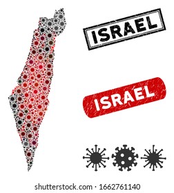 Coronavirus collage Israel map and corroded stamp watermarks. Israel map collage constructed with random red and black mers items. Rectangle stamps, with unclean texture.