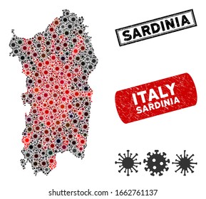 Coronavirus collage Italian Sardinia Island map and corroded stamp seals. Italian Sardinia Island map collage composed with randomized red and black flu items. Rectangle seals, with distress texture.