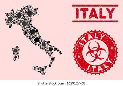 Coronavirus collage Italy map and red distressed stamp seals with biohazard sign. Italy map collage composed with random sars symbols. Red round outbreak danger stamp, with distress texture.