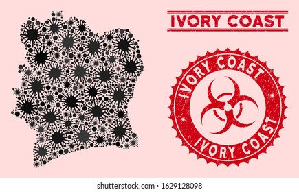 Coronavirus collage Ivory Coast map and red rubber stamp seals with biohazard symbol. Ivory Coast map collage formed with scattered mers elements. Red rounded outbreak danger watermark,