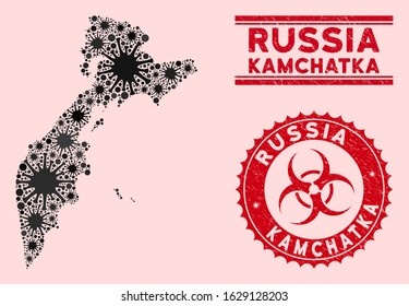 Coronavirus collage Kamchatka map and red distressed stamp watermarks with biohazard sign. Kamchatka map collage designed with random contagious items. Red rounded outbreak danger seal stamp,