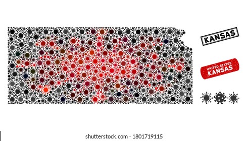 Coronavirus collage Kansas State map and grunge stamp watermarks. Kansas State map collage constructed with random red and black infectious items. Rectangle seals, with dirty texture.