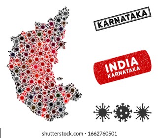 Coronavirus collage Karnataka State map and grunge stamp watermarks. Karnataka State map collage constructed with scattered red and black viral symbols. Rectangle seal stamps, with dirty texture.