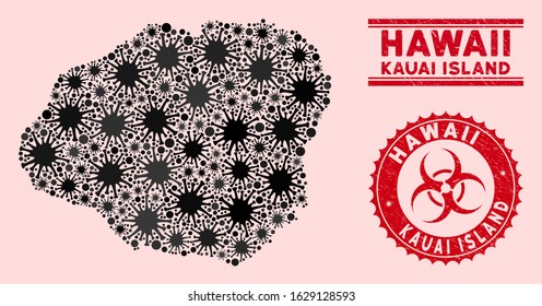Coronavirus collage Kauai Island map and red distressed stamp seals with biohazard symbol. Kauai Island map collage created with scattered virus elements. Red rounded outbreak danger seal stamp,