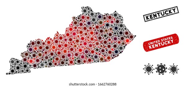 Coronavirus collage Kentucky State map and distressed stamp seals. Kentucky State map collage designed with random red and black bacteria elements. Rectangle watermarks, with distress texture.