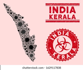 Coronavirus collage Kerala State map and red grunge stamp watermarks with biohazard symbol. Kerala State map collage formed with randomized flu elements. Red round outbreak danger stamp,