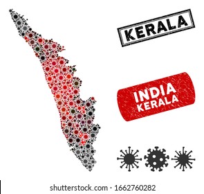 Coronavirus collage Kerala State map and corroded stamp seals. Kerala State map collage constructed with randomized red and black pathogen elements. Rectangle stamps, with distress texture.