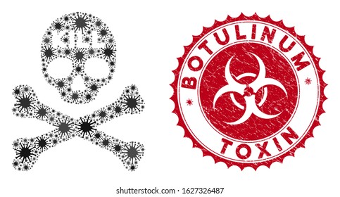 Coronavirus collage kill death icon and rounded corroded stamp seal with Botulinum Toxin text. Mosaic vector is formed with kill death icon and with random microorganism icons.