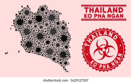 Coronavirus collage Ko Pha Ngan map and red corroded stamp seals with biohazard sign. Ko Pha Ngan map collage constructed with random microbe cell icons. Red rounded outbreak danger seal stamp,