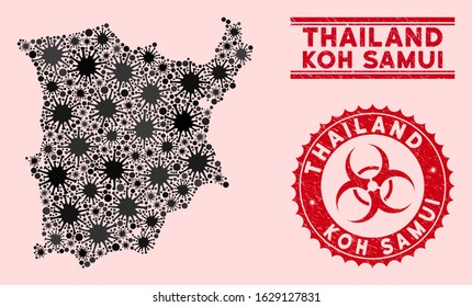 Coronavirus collage Koh Samui map and red grunge stamp seals with biohazard sign. Koh Samui map collage created with scattered microorganism icons. Red rounded outbreak danger seal stamp,