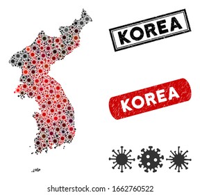 Coronavirus collage Corea mapa y sellos corroídos. Collage de mapas coreanos construido con elementos de virus rojos y negros dispersos. Sellos rectangulares, con textura impura.