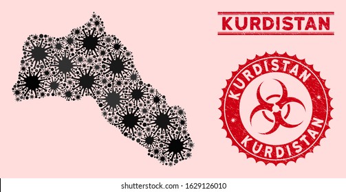 Coronavirus collage Kurdistan map and red rubber stamp watermarks with biohazard sign. Kurdistan map collage designed with random infectious elements. Red round outbreak danger stamp,