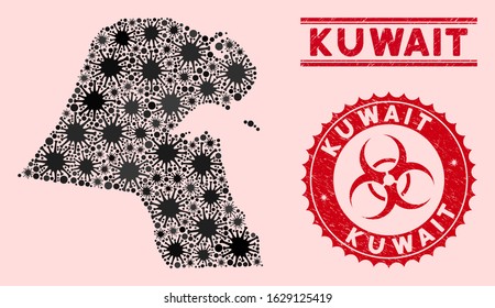 Coronavirus collage Kuwait map and red grunge stamp watermarks with biohazard sign. Kuwait map collage designed with randomized infection symbols. Red rounded outbreak danger stamp,