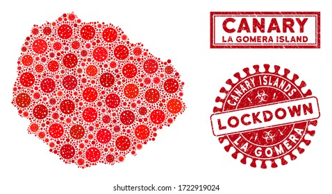 Coronavirus collage La Gomera Island map and stamps. Red round lockdown distress seal. Vector coronavirus infection elements are grouped into illustration La Gomera Island map.