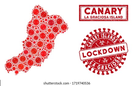 Coronavirus collage La Graciosa Island map and seal stamps. Red rounded lockdown textured stamp. Vector coronavirus pathogen icons are grouped into collage La Graciosa Island map.