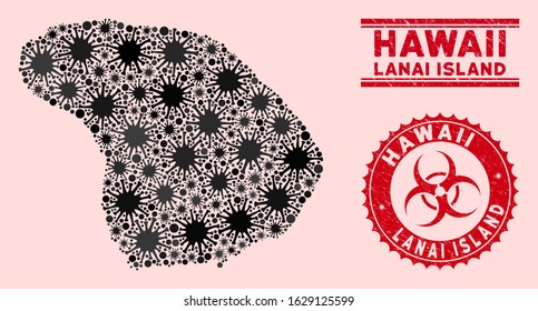 Coronavirus collage Lanai Island map and red rubber stamp watermarks with biohazard symbol. Lanai Island map collage created with randomized pandemic items. Red round outbreak danger seal stamp,