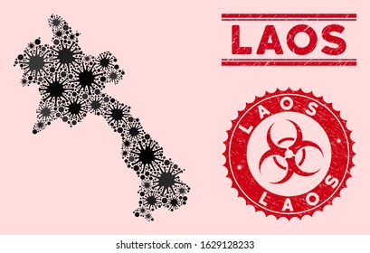 Coronavirus collage Laos map and red grunge stamp seals with biohazard symbol. Laos map collage created with scattered contagion icons. Red rounded outbreak danger stamp, with dirty texture.
