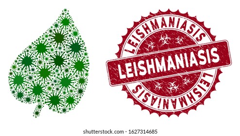Coronavirus collage leaf icon and round rubber stamp seal with Leishmaniasis text. Mosaic vector is formed from leaf icon and with randomized infectious objects.