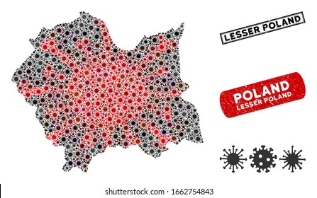 Coronavirus collage Lesser Poland Voivodeship map and rubber stamp watermarks. Lesser Poland Voivodeship map collage constructed with scattered red and black epidemic symbols. Rectangle watermarks,