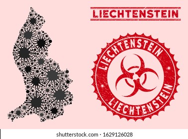 Coronavirus collage Liechtenstein map and red distressed stamp seals with biohazard sign. Liechtenstein map collage formed with scattered infectious items. Red round outbreak danger seal stamp,